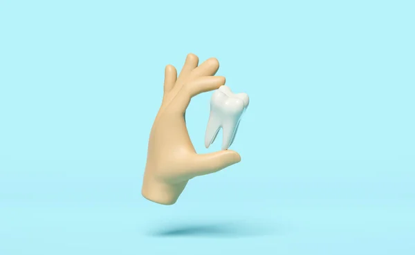3D手は青の背景に隔離された歯科用モル歯モデルのアイコンを保持します 白い歯の健康 歯医者の歯科検査 3Dレンダリングイラスト — ストック写真