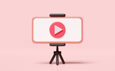 3D cep telefonlu sosyal medya, akıllı telefon, oyun düğmesi, pembe arka planda izole edilmiş üç ayaklı simgeler. çevrimiçi sosyal, iletişim uygulamaları, asgari şablon kavramı, 3D resimleme