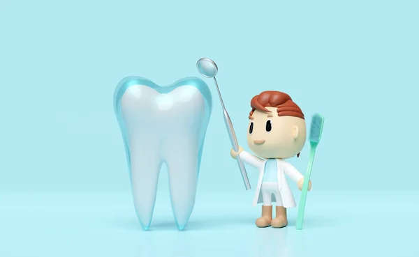 Miniatura Personagem Cartoon Dentista Com Espelho Dentista Escova Dentes Molar — Fotografia de Stock