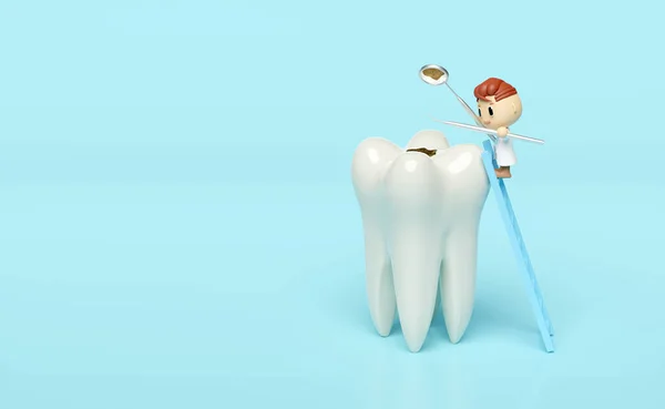 歯医者の鏡を持つ3Dミニチュア漫画のキャラクター歯科医 青の背景に隔離鎌スケーラー 虫歯の有無歯の検査白い歯の健康口腔ケア3Dレンダリング — ストック写真