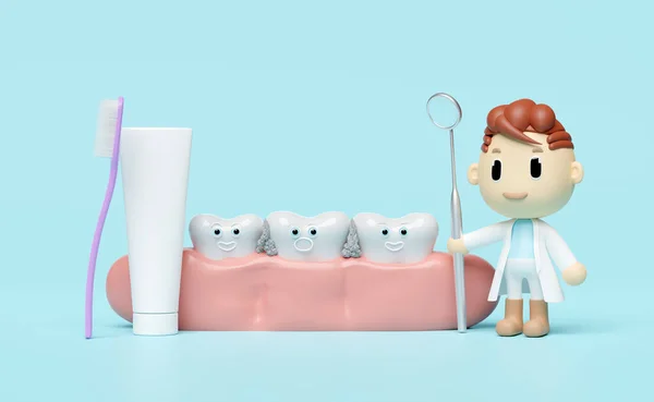Miniatura Personagem Cartoon Dentista Com Espelho Dentista Escova Dentes Gengivas — Fotografia de Stock