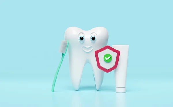 3d dental molar teeth model icon with toothbrush, toothpaste tube, shield check isolated on green background. tooth decay prevention, health of white teeth, oral care, 3d render illustration