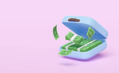 Pembe arka planda mavi bavuldaki 3D dolarlık banknot. ekonomik hareketler veya işletme finansmanı, kredi konsepti, 3D resimleme 