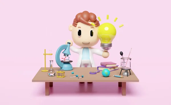 Miniature Cartoon Boy Character Hand Hold Light Bulb Science Experiment — Stockfoto