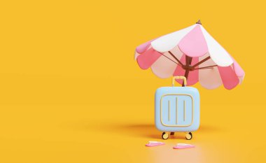 Plaj sandalyesi, bavulu, şemsiyesi ve turuncu arka planda izole sandaletleri olan 3D yaz sahili. Yaz seyahati konsepti, 3D resimleme