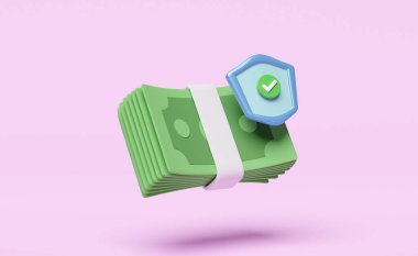 Banknot yığını simgesi olan 3D kalkan, pembe arka planda izole edilmiş kontrol işareti. ekonomik hareketler veya işletme finansmanı tasarruf parası, mali işletme koruma konsepti, 3D resimleme 