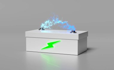 Gri arka planda gök gürültüsü izole edilmiş 3D pil şarj göstergesi. Pil teknolojisi konsepti, 3D görüntüleme