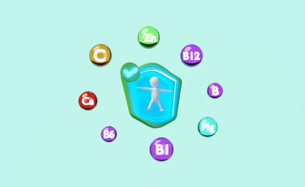 Protect Your Health Multivitamins Shield Icon Stick Man Miniature Checkmark — Stock Fotó