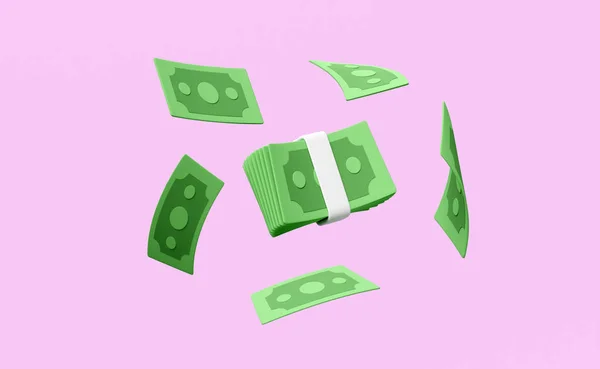 Render Illustration Dollar Banknote Stack Flying Banknotes Isolated Pink Background — 스톡 사진