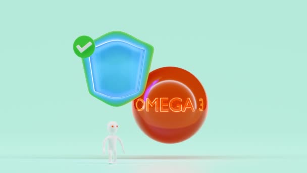 Protect Your Health Omega Fatty Acids Shield Icon Stick Man — Wideo stockowe