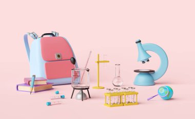 3D sırt çantası, okul çantası, mikroskop, büyüteç, deney tüpü, pembe arka planda izole edilmiş. oda çevrimiçi yenilikçi eğitim, e-öğrenme, bilim deney seti konsepti, 3D render 