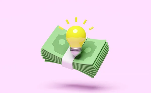 Money Banknote Yellow Light Bulb Icon Isolated Pink Background Idea — 스톡 사진