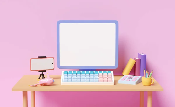 Laptop Computer Table Blank Screen Keypad Mobile Phone Smartphone Pink — Stockfoto