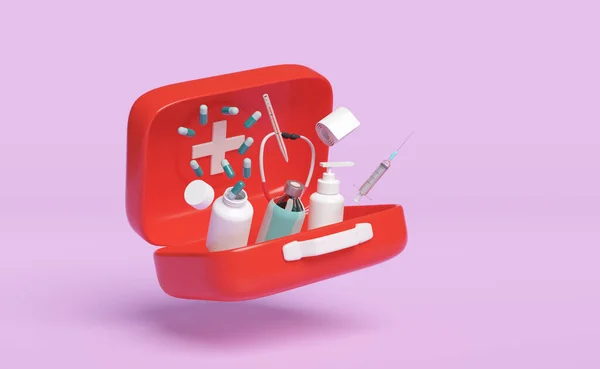 Render Illustration Red First Aid Kit Open Icon Isolated Pink — Fotografia de Stock