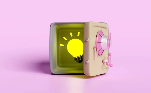 Yellow Light Bulb Open Safe Box Isolated Pink Background Idea — 스톡 사진