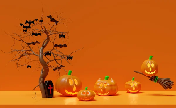 Хэллоуин Тыквы Праздник Вечеринка Гробом Летучие Мыши Метла Испуганный Джек — стоковое фото
