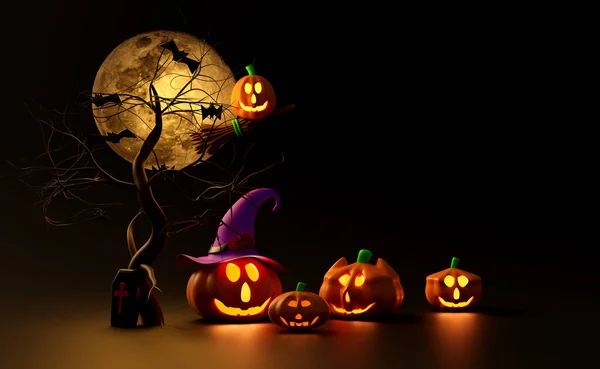 Halloween Pumpkin Holiday Party Full Moon Flying Bats Scared Jack — Stock Photo, Image