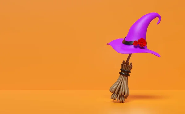 Purple Witch Pointed Hat Broom Isolated Orange Background Minimal Halloween — Stockfoto