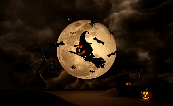 Halloween Pumpkin Holiday Party Full Moon Flying Bats Scared Jack — 图库照片