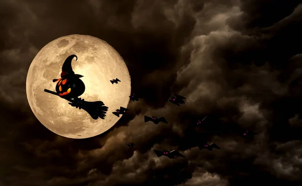 Halloween Festa Férias Abóbora Com Lua Cheia Morcegos Voadores Assustado — Fotografia de Stock