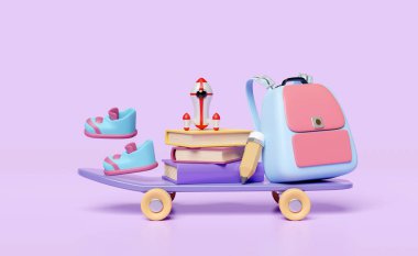 Okula geri dönen 3 boyutlu kaykay, sırt çantası, ders kitabı, spor ayakkabıları, ayakkabılar, okul çantası, kurşun kalem, roket ikonu, mor arka planda izole edilmiş. Eğitim konsepti, 3D resimleme