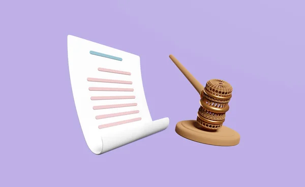 3d judge arbitrate gavel, hammer auction with stand, paper auction contract isolated on blue background. law, justice system symbol concept, 3d render illustration
