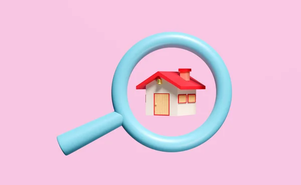 Rotes Haus Mit Vergrößerungsglas Symbol Isoliert Auf Rosa Hintergrund Online — Stockfoto