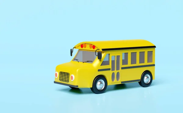 3d yellow school bus cartoon sign icon, vehicle for transporting students isolated on blue background. back to school, 3d render illustration