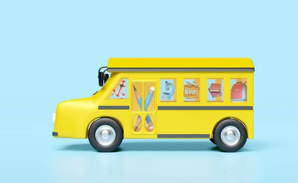 Vehicle Transport Students Isolated Blue Background Yellow School Bus Cartoon — стоковое фото