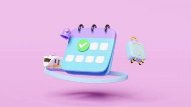 3D animasyon, bavullu takvim, gökyüzü tren taşıma oyuncağı, işaretli simgeler, işaretli tarih, pembe üzerine izole edilmiş uyarı zili. Randevu, yaz yolculuğu treni, seyahat programı.