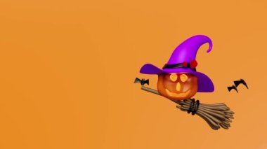 3d animation, halloween pumpkin holiday party with Scared Jack O Lantern and candle light in pumpkin flying, purple witch pointed hat, broom, bat, minimal for happy halloween