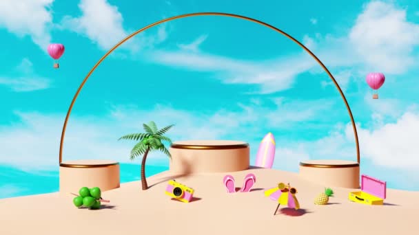 Animation Cylinder Stage Podium Empty Surfboard Beach Palm Coconut Tree — 图库视频影像