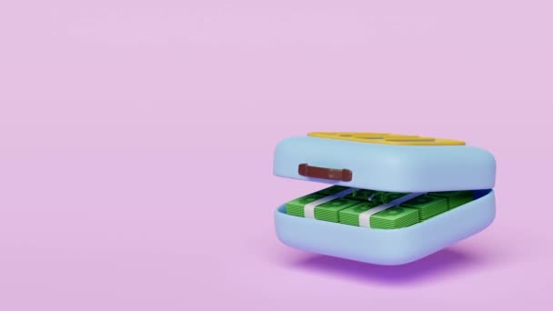 Animation Pile Dollar Banknote Blue Suitcase Isolated Pink Background Economic — Αρχείο Βίντεο
