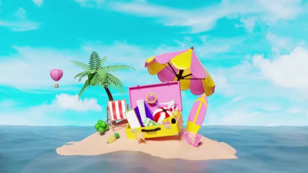 Animation Summer Travel Yellow Suitcase Beach Chair Island Camera Umbrella — Vídeos de Stock