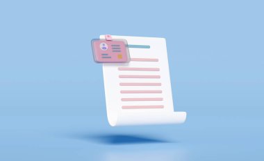 3D görüntüleme, kontrol listesi kağıtlı 3D kimlik kartı, pembe arka planda izole pano. İş adamı kartı, iş başvurusu, personel alımı, insan kaynakları, iş arama, plastik kart kavramı