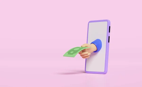 3D spend money, contributing, settle pay by smartphone concept, cartoon hands holding banknote payment for goods icon isolated on pink background. mobile phone deposit, saving money, 3d render