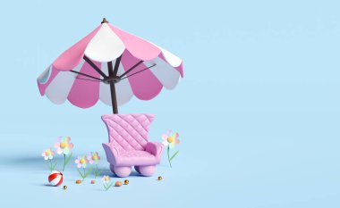 Pembe şemsiyeli ya da şemsiyeli 3 boyutlu koltuk, çiçek, plaj topu, mavi arka planda izole edilmiş alan. 3d resimleme