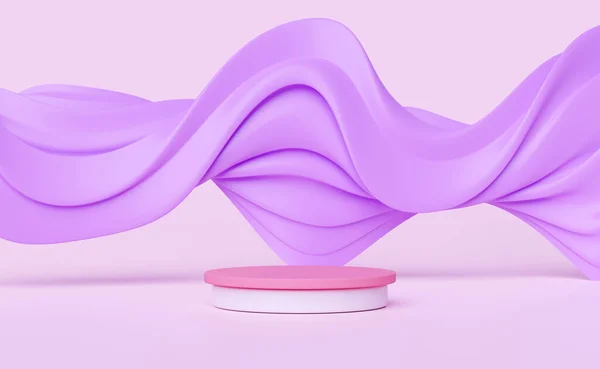 3d abstract, purple soft fabric with pink stage podium empty, geometric cosmetic showcase pedestal pink background. minimal modern scene, 3d render illustration