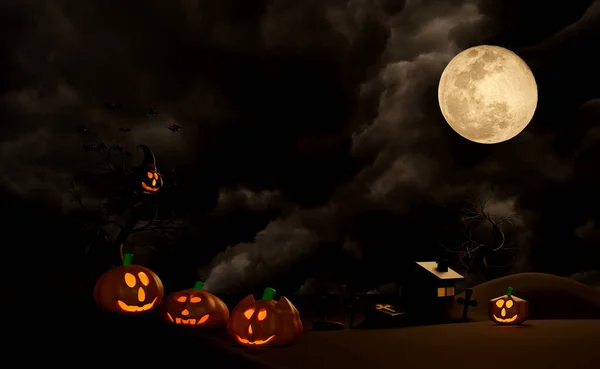 Halloween Pumpkin Holiday Party House Full Moon Flying Bats Tomb — Stockfoto