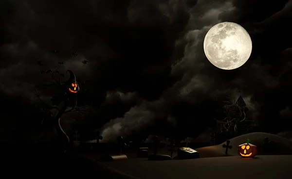 Halloween Pompoen Vakantie Feest Met Spookkasteel Volle Maan Vliegende Vleermuizen — Stockfoto