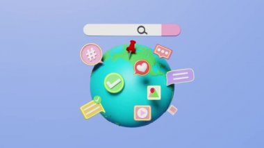 Sohbet baloncukları olan 3D animasyon sosyal medya, mavi arka planda izole edilmiş arama çubuğu. Çevrimiçi sosyal, iletişim uygulamaları seo konsepti, 3D resimleme