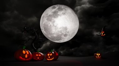 3d halloween pumpkin holiday party with full moon, flying bats, Pumpkins talk to each other, candle light in pumpkin, witch pointed hat, broom under the moonlight for happy halloween, 3d animation
