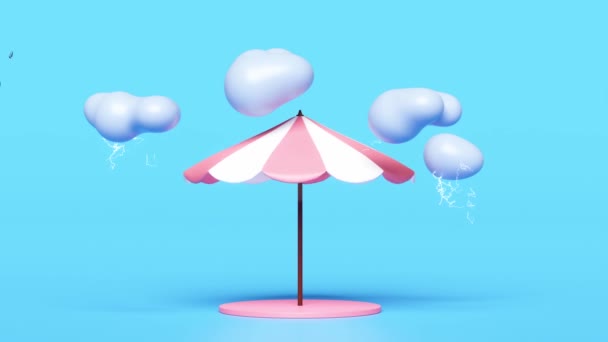 Animation Umbrella Cloud Drop Rain Water Thunder Isolated Blue Background — Video Stock