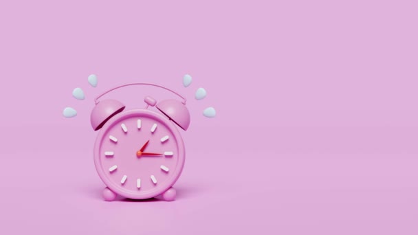 Cartoon Character Pink Alarm Clock Wake Time Morning Space Isolated — Αρχείο Βίντεο