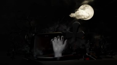 3d animation graveyard halloween holiday party with hand of a undead, haunted castle, full moon, flying bats, tomb, graves, fog, under the moonlight for happy halloween,horror on halloween, 3d render 
