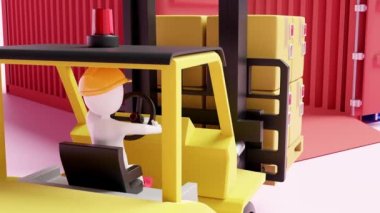 3d animation stick man with shipping container for import export, forklift, goods cardboard box, pallet isolated on pink background. logistic service concept, 3d rendering 
