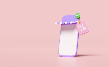 3D cep telefonu ya da ön cepheli akıllı telefon. Pembe arka planda kontrol işareti var. İndirim satışları, çevrimiçi alışveriş, fiyat etiketleri kuponları, pazarlama primleri konsepti, 3D resimleme