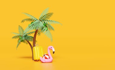 Bavullu 3D yaz sahili, şişme flamingo, sarı arka planda izole edilmiş palmiye ağacı. Yaz seyahati konsepti, 3D resimleme 