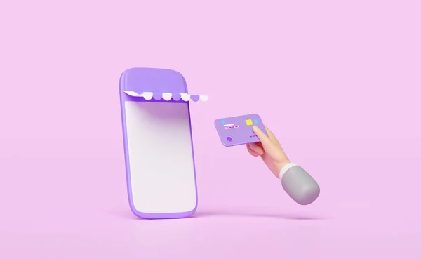 Hand Using Credit Card Mobile Phone Purple Smartphone Store Front — Φωτογραφία Αρχείου