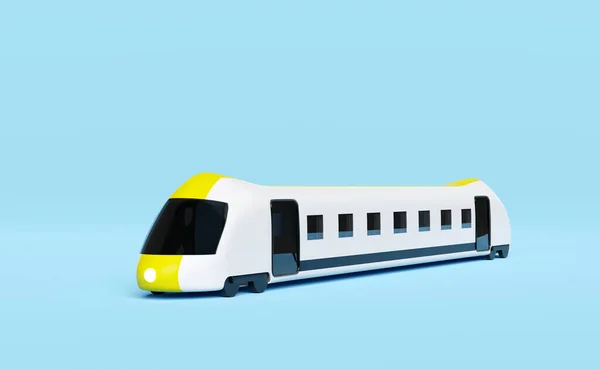 3d bullet train cartoon, yellow white sky train transport toy, summer travel service, planning traveler tourism train isolated on blue background. 3d render illustration